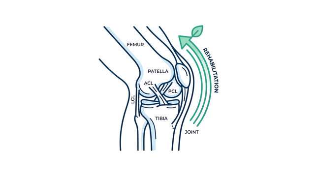 Knee joint anatomy and rehabilitation illustration with green leaf arrow