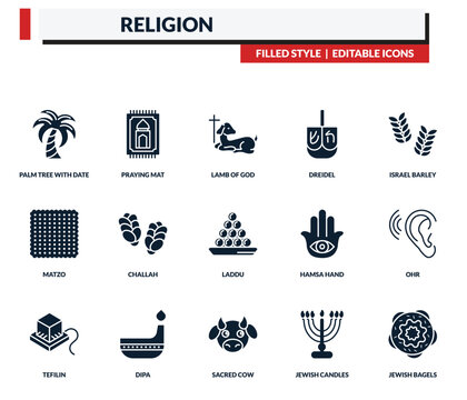 filled religion icons set - praying mat, lamb of god, dreidel, israel barley. editable vector for web and mobile ui