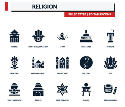 filled religion icons set - semitic neopaganism, shiva, wat saket, tribune. editable vector for web and mobile ui