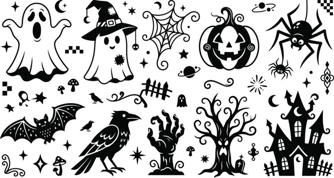 Set of hand drawn halloween elements including ghosts pumpkins spider web bat raven haunted house and spooky trees on white background