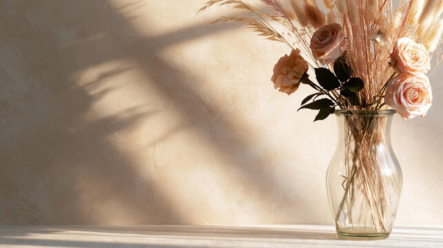 Soft Light on Pale Rose Bouquet in Glass Vase