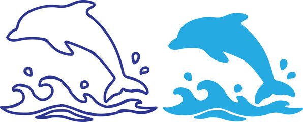 Set of blue dolphin icons jumping out of ocean waves, minimalist vector illustration for marine life, summer vacation, and aquatic animal design. © rubel