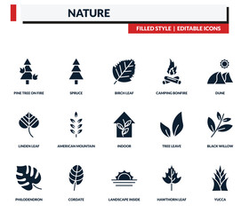 filled nature icons set - spruce, birch leaf, camping bonfire, dune. editable vector for web and mobile ui © IconArt