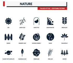 filled nature icons set - larch leaf, hair style, mountain pse, briar leaf. editable vector for web and mobile ui © IconArt