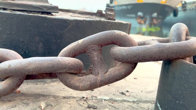 Rusty chain wrapped around a metal bollard on a dock