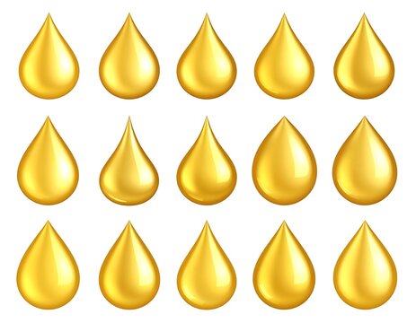 A digital illustration of 15 shiny gold teardrop shapes arranged in three rows