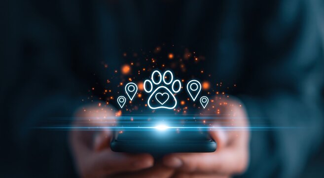 Pet smartphone app with digital paw icon for veterinary gps and location tracking