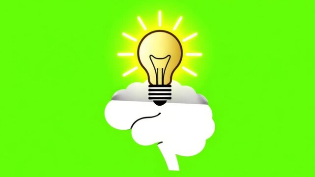 Creative business solution concept vector animation of a pulsing brain opening to release a glowing lightbulb on a green screen background
