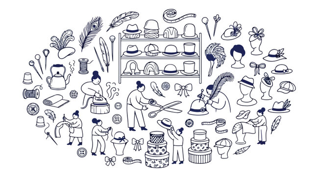 Vintage millinery workshop vector illustration, hand drawn hat making process with artisans, milliner craft tools and headwear collection