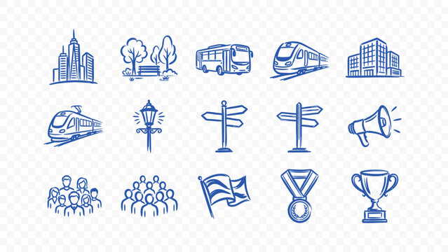 urban city buildings skyscraper train subway transport station signs street doodle handmade ink scribble flat line art vector illustration icon bundle set calligraphy drawing design
