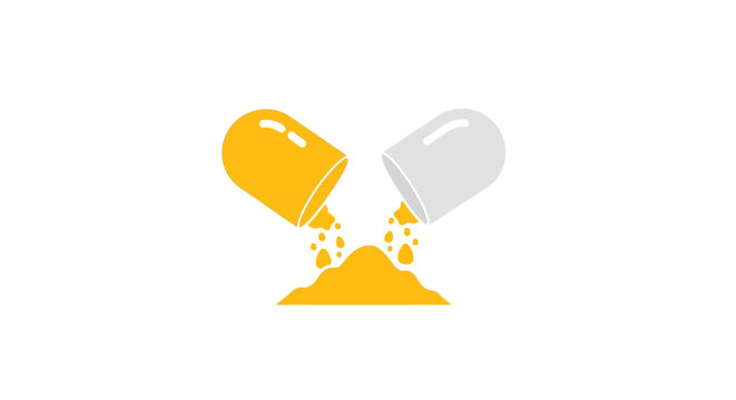 An open medical capsule with yellow powder spilling out on a white background