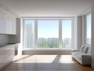 Fototapeta premium Bright modern apartment interior with large window, cityscape view, white kitchen, wooden floor, and cozy sofa, peaceful atmosphere