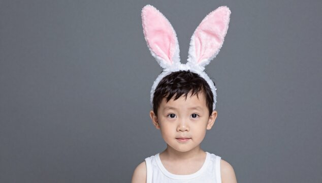 Portrait of a cute young boy wearing easter bunny ears against a gray background