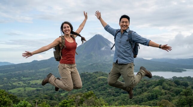 Excited couple jumping with joy at a green mountain viewpoint overlooking a distant volcano