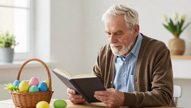 Senior man reads a book while celebrating Easter with a basket full of colorful eggs