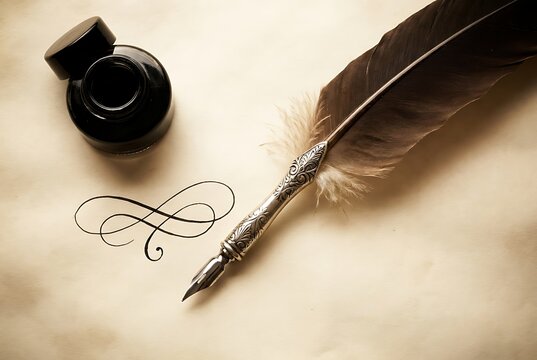 Elegant quill pen and ink bottle resting on aged parchment paper with decorative flourish writing, symbolizing literature, poetry, and classic communication with vintage charm.