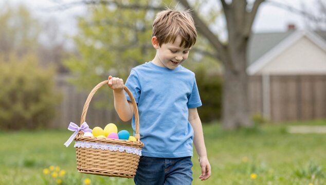 Smiling boy carries a basket full of colorful Easter eggs through a grassy yard