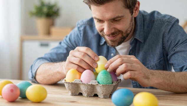 Man preparing easter eggs sitting at the table in the kitchen during the holiday