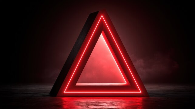 Red neon triangle glowing in dark room