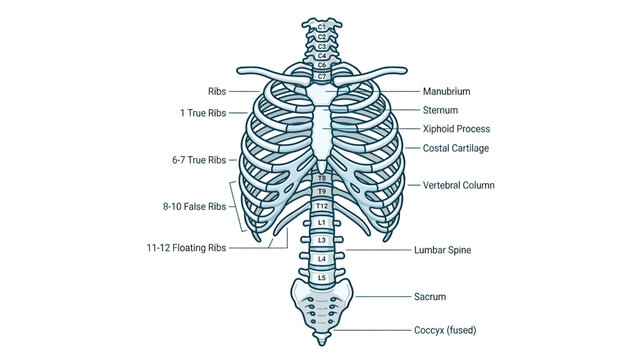 Anatomical illustration of the human rib cage and vertebral column