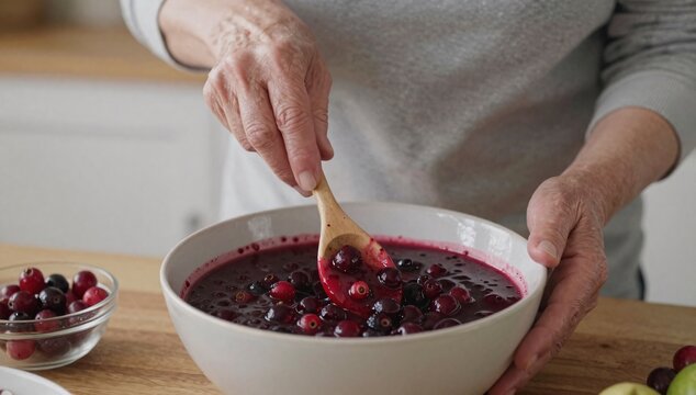 Woman stirring cranberry sauce in a bowl with a wooden spoon, preparing for thanksgiving dinner
