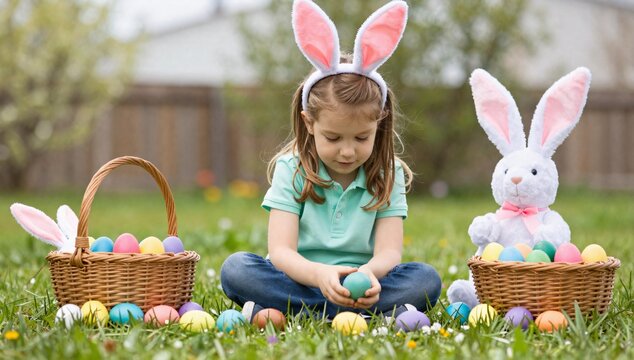 Little girl with bunny ears plays with easter eggs in a garden during springtime