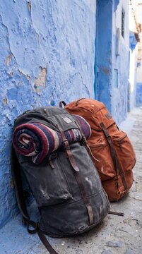 Two weathered travel backpacks with a rolled blanket resting against a blue colonial wall