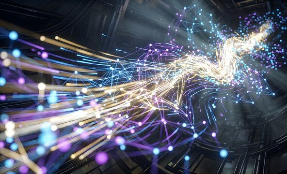 Abstract connected dots and lines. Concept of AI technology, Motion of digital data flow. Communication and technology network concept with moving lines and dots. 3D renderin