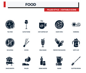filled food icons set - cup of wine, hot coffee cup, mapo tofu, morning. editable vector for web and mobile ui