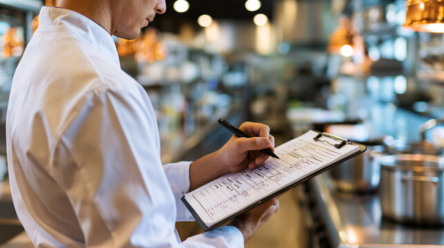 Chef in white uniform seen from behind holding a clipboard and completing a food inspection checklist in a bright professional kitchen stainless steel counters and shelves in the