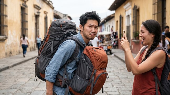 Playful man making a funny face as his partner photographs him on a cobblestone town street