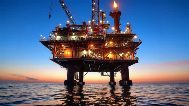Illuminated offshore oil rig platform at sunset with reflective water and industrial activity