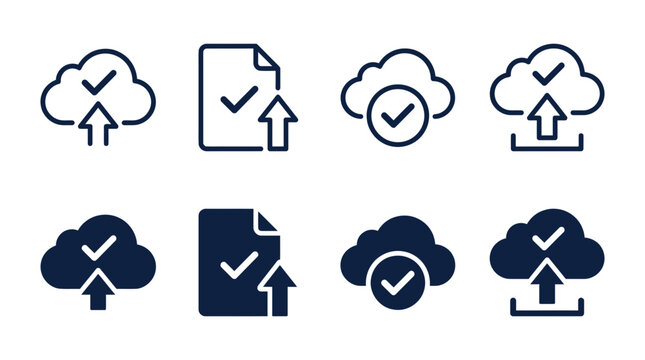 Cloud computing and document upload icons set featuring file syncing and data processing symbols computing document