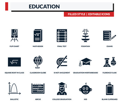 filled education icons set - math book, final test, fountain, exams. editable vector for web and mobile ui