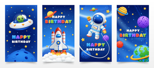 Set of cute 3D space birthday invitation greeting card template with rocket, astronaut, UFO, planet and stars on galaxy background for kid party invitation, boy banner, child poster, wallpaper, invite © Mukda