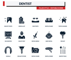 filled dentist icons set - medical list, fake tooth, dental plaque, tooth cleaning. editable vector for web and mobile ui © IconArt