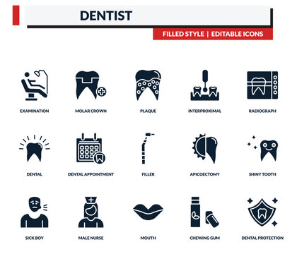 filled dentist icons set - molar crown, plaque, interproximal, radiograph. editable vector for web and mobile ui