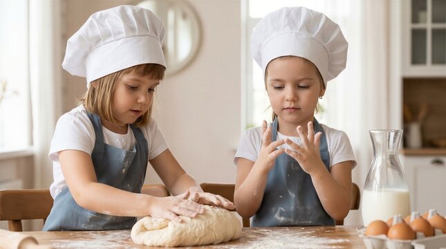 Two young children wearing chef hats and aprons are happily kneading dough on a kitchen table surrounded by flour, milk, and eggs.