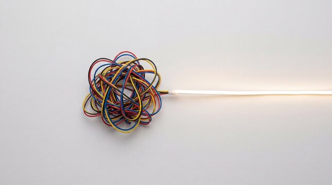 A tangled mess of colorful wires illuminated by a bright, glowing light source