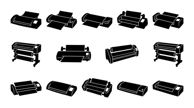 Wide Format Printer and Laminator Machine Icon Collection Set in Black Silhouette Style