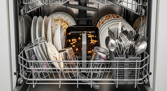 Dirty Dishes and Utensil Arranged in Open Dishwasher in Modern Kitchen