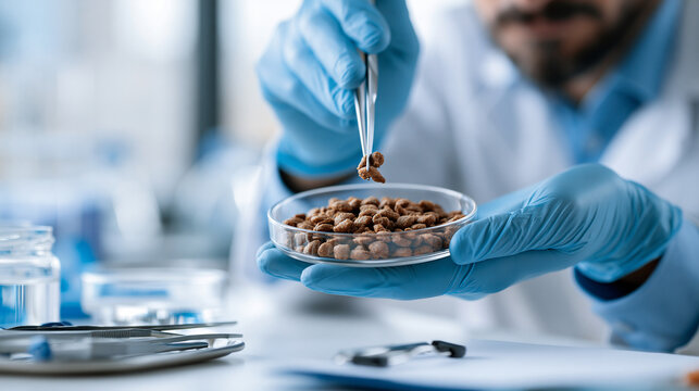 Pet food testing laboratory bench with a microbiologist in white coat and gloves examining dry pet food kibble in a petri dish bright clean lab with instruments hands and sample