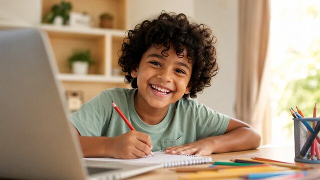 Happy young boy with curly hair sits at his desk writing in a notebook while using a laptop for schoolwork.