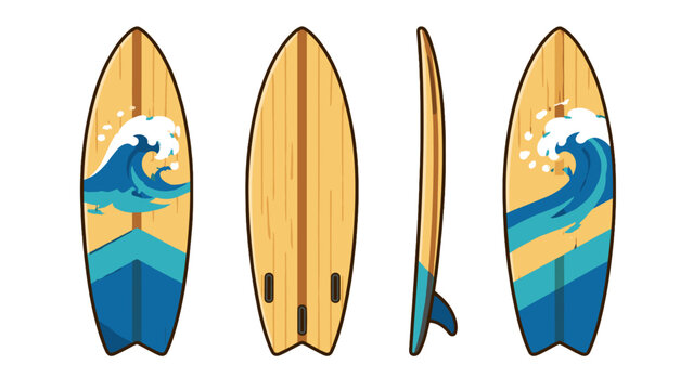 Surfboard set with wave graphics in multiple views