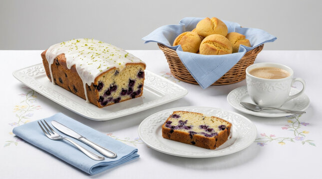 Homemade lemon blueberry cake with glaze, served with caf&eacute; au lait and corn muffins