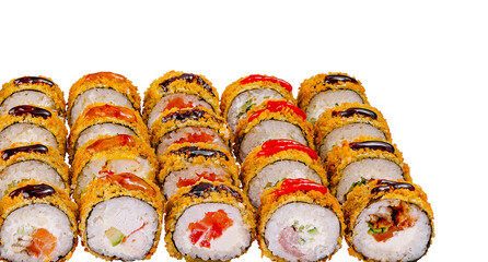 Tempura maki sushi rolls forming a line on white background © AntAlexStudio