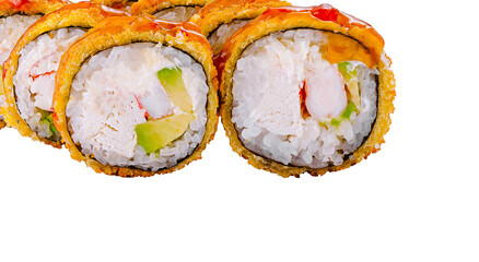 Tempura maki sushi rolls with sauce on white background © AntAlexStudio