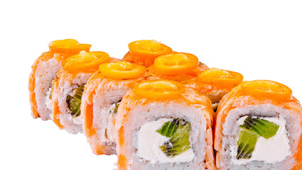 Sushi rolls with salmon, cream cheese, kiwi and kumquat showing filling on white background © AntAlexStudio