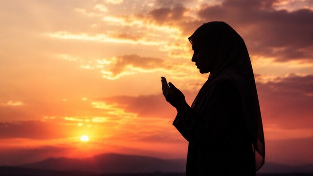 Silhouette of a Muslim woman wearing a hijab performs prayer during a vibrant sunset over the mountains.