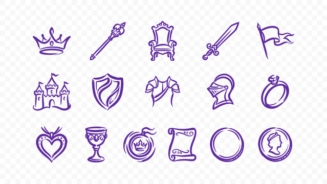 quest rpg medieval symbols crown sword helmet shield adventure fantasy art doodle handmade ink scribble flat line art vector illustration icon bundle set calligraphy drawing design